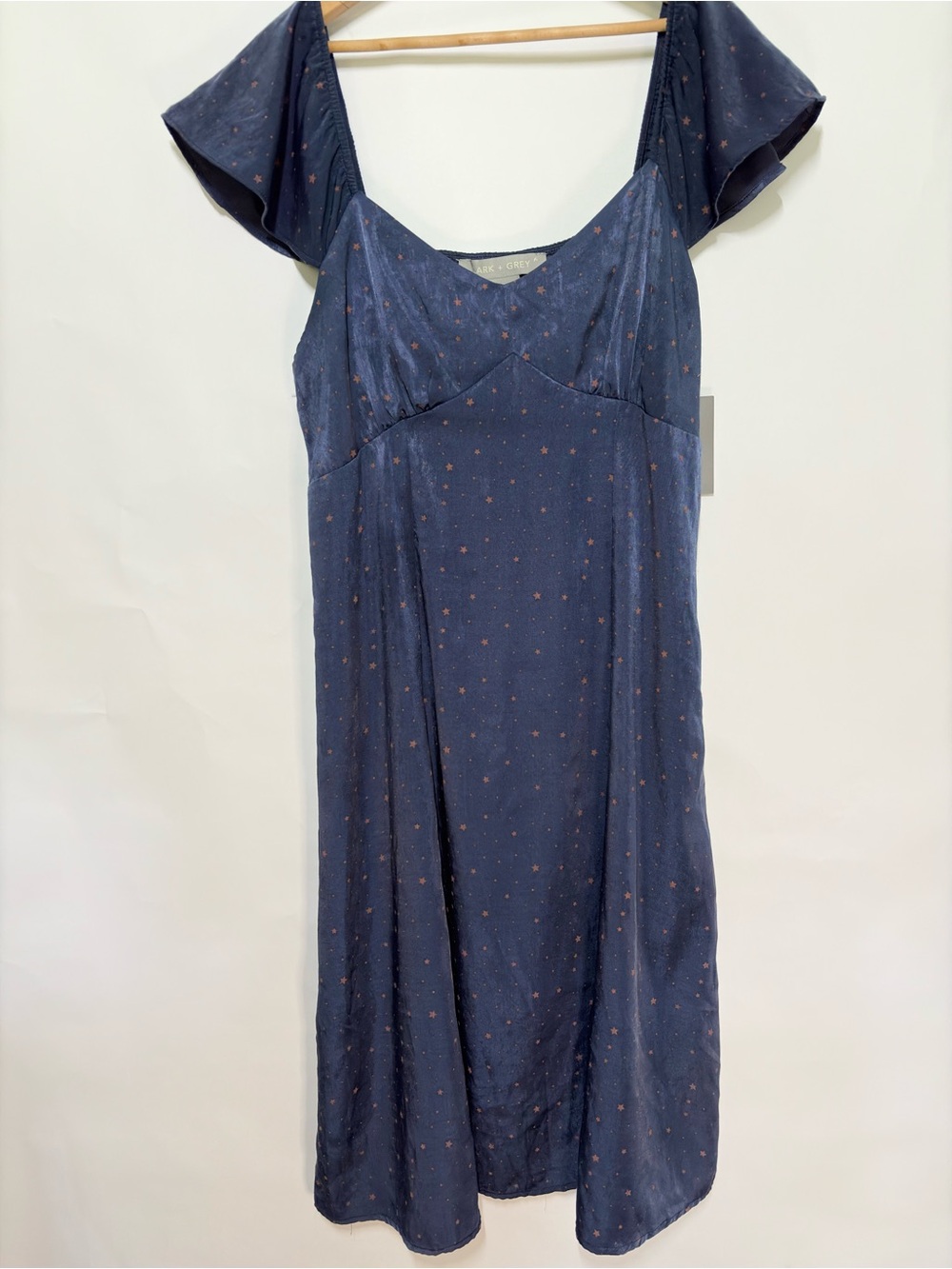 Lark + Grey NWT Navy Celestial Star Print Satin Midi Dress L Flutter Sleeve